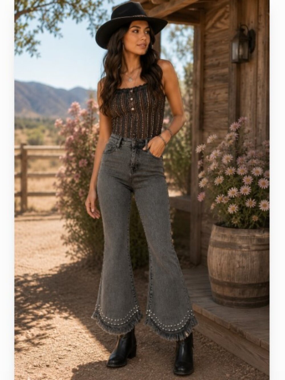 Charcoal Destressed Mesa Studded Flare Jeans